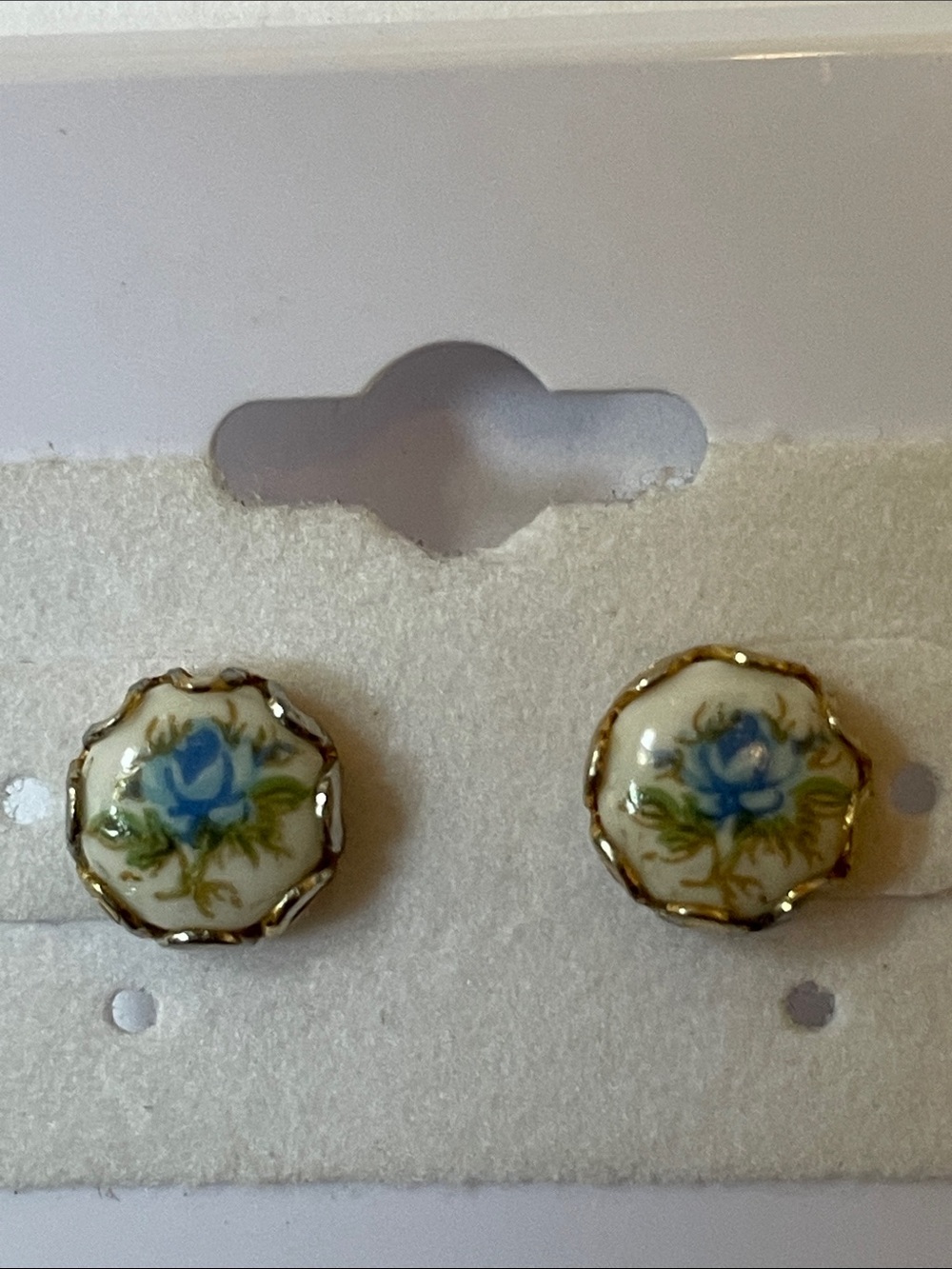 Vintage Blue Rose Porcelain Stud Earrings with Gold Trim